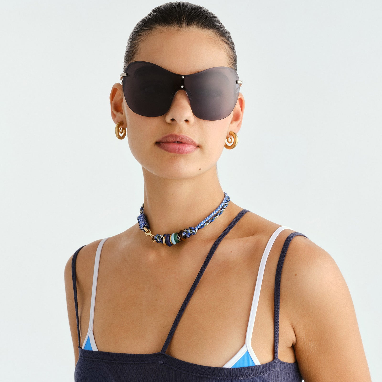 Satine Shiny Silver Female Shield Sunglasses | Le Specs
