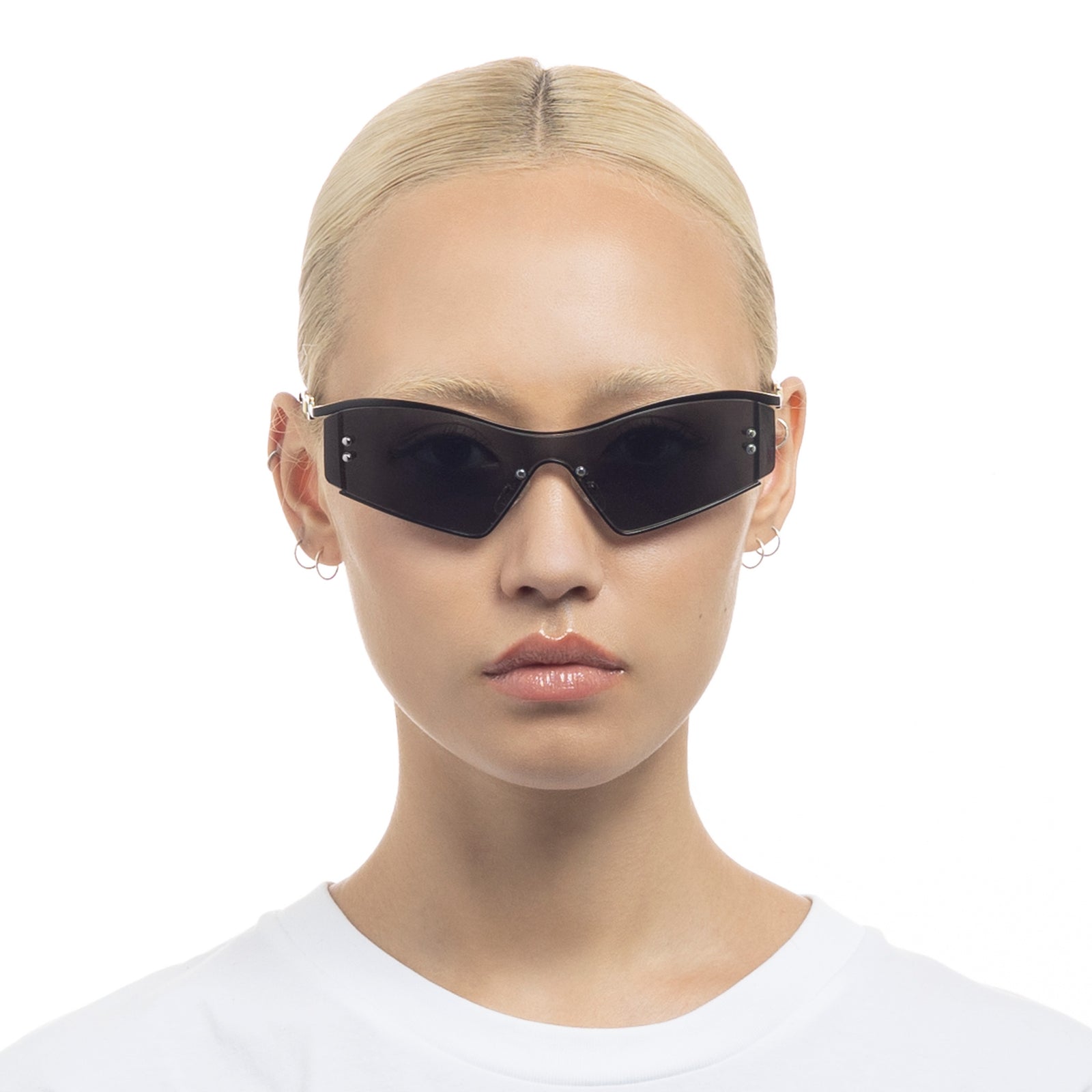 Hyperbole Satin Black Uni-Sex Shield Sunglasses | Le Specs