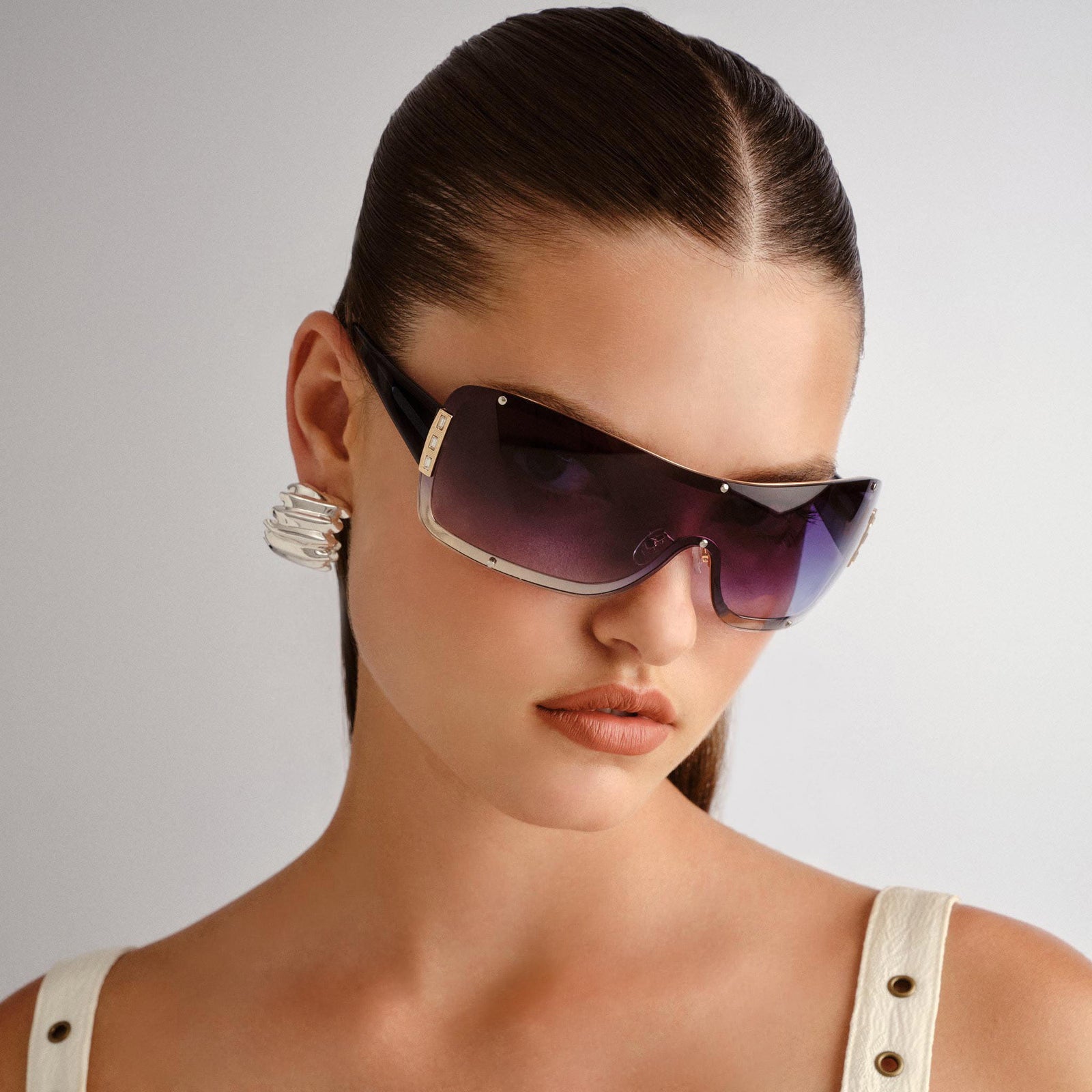 Veiled Bright Gold Midnight Blue Female Shield Sunglasses | Le Specs